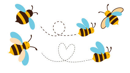 Colorful cute vector cartoon illustration set with bees