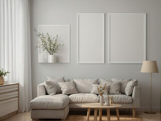 Frame mockup, ISO A paper size. room Living room wall poster mockup. Interior mockup with house background.  ai generated