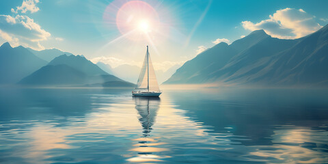 Serene scene of a sailboat on a calm lake, surrounded by majestic mountains under the bright sun. The tranquil water reflects the natural beauty of the landscape - obrazy, fototapety, plakaty
