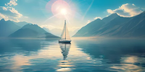  Serene scene of a sailboat on a calm lake, surrounded by majestic mountains under the bright sun. The tranquil water reflects the natural beauty of the landscape © Aleksandra