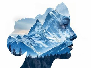 Double exposure artwork blending a serene female profile with majestic mountain scenery - 780452137