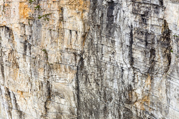Strates de calcaires dans la paroi d'une falaise montrant l'alternance des couches, présence de...