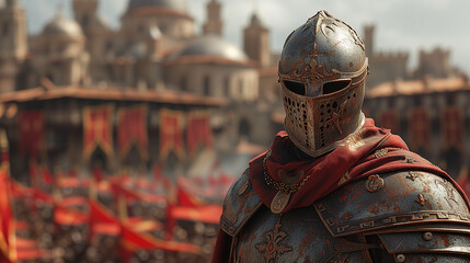 AI illustration of a medieval knight in armor with red flags and a castle in the distance