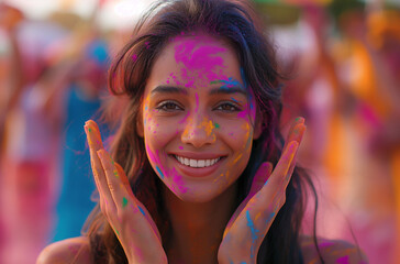 Close up of Indian woman with colorful powder - 780452538