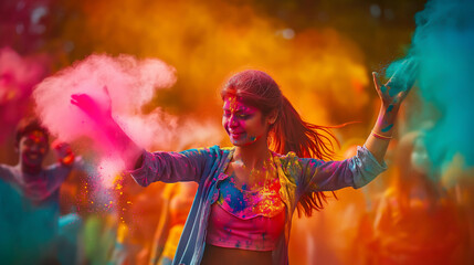 Indian woman dancing among colorful powder - 780452577