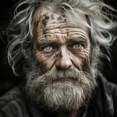 AI generated illustration of an elderly man with a weathered face, deep wrinkles, and a full beard