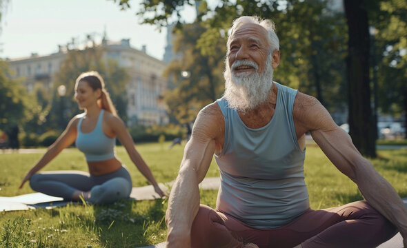 Elderly Couple Enjoying Outdoor Yoga Session Together