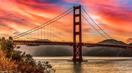 Gorgeous view of the Golden Gate Bridge during a colorful sunset under a cloudy red-blue sky