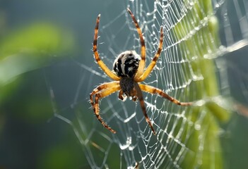 a spider sits on its web outside in the rain gear