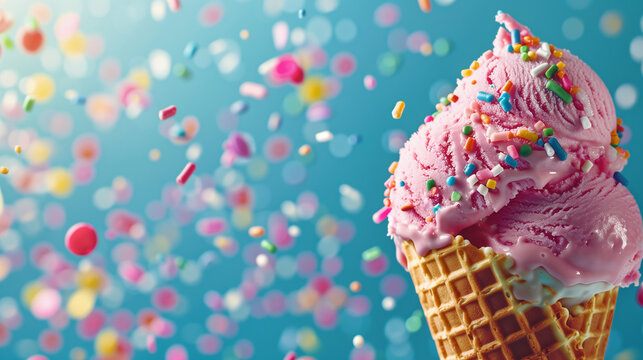 Dynamic image of a pink ice cream cone mid-explosion with sprinkles flying, against a vivid blue background