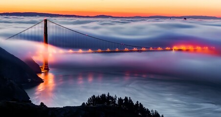 Foggy morning at the Golden Gate Bridge in San Francisco with yellow clouds in a bright sky