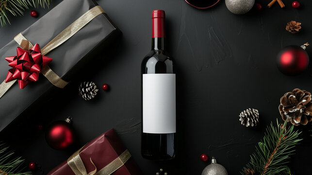 Stylish image of a wine bottle with a red bow next to Christmas-themed items on a dark backdrop, perfect for seasonal promotions
