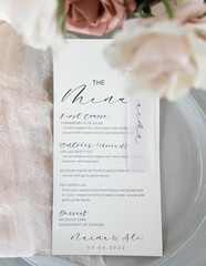 Vertical shot of a custom wedding menu on a plate