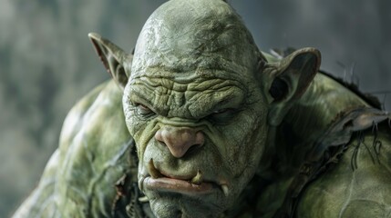 Intense ogre portrait showcasing mythical creature with tusks and wrinkled green skin