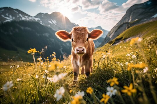 a cow standing in the middle of a field with mountains in the background