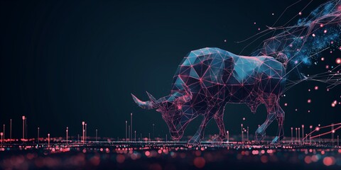 Japanese candlesticks and a bull on a dark background. Abstract: Stock market exchange or financial technology concept. Low-poly wireframe vector illustration. Polygonal bull with futuristic elements.