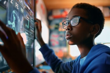 AI generated illustration of an African American boy with glasses studying a blackboard with data - obrazy, fototapety, plakaty