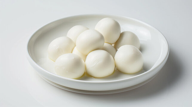 Fresh mozzarella balls on a white ceramic plate, showcasing the pristine simplicity and creamy texture of the cheese, with a focus on the delicate contrast between the soft white mozzarella 