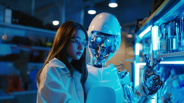 AI-generated illustration of a female scientist with a robot in a laboratory