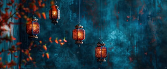 credit new look casting Ramadan lanterns hanging on the wall with string of lights, close up, dark blue background - obrazy, fototapety, plakaty