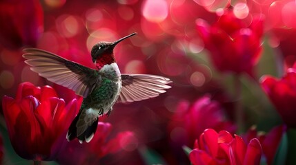 Hummingbird in mid-flight with red tulips in the background, AI-generated.