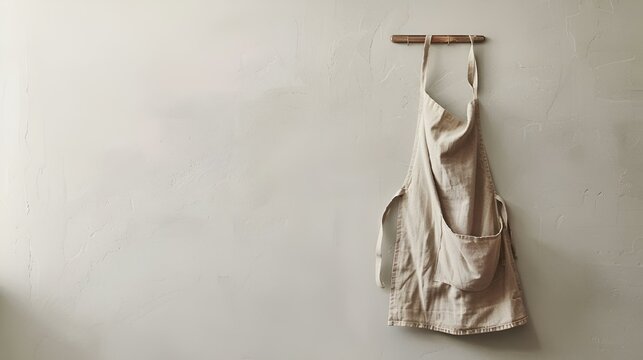 Durable hemp kitchen apron on modern hook against white wall, AI-generated.