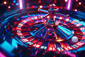 Detailed close-up of a vibrant casino roulette wheel in action with dynamic lighting - 780454957