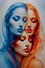 Abstract portrait of three women with colorful veils merging, depicting harmony and unity.