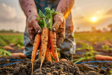Farmer's Hands Holding Fresh Organic Carrots at Sunset