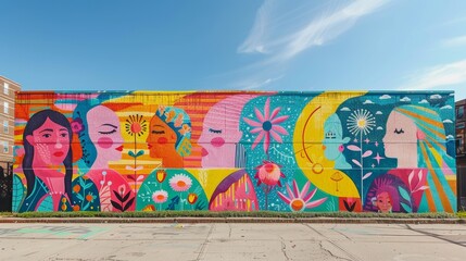 Colorful Urban Mural Depicting Diverse Female Faces and Nature in an Artistic Expression