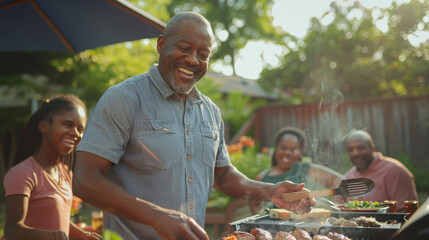 Joyful family gathering for a backyard barbecue, senior man grilling with laughter and togetherness - obrazy, fototapety, plakaty