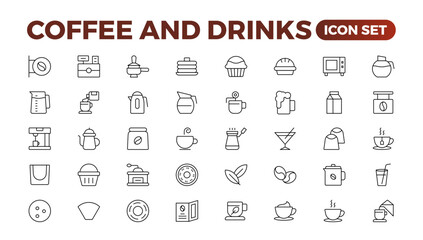 Set of coffee shop Icons. Simple line art style icons pack. Vector illustration.Coffee icons. Beans, hot cocktail and maker machine. Espresso cup, cappuccino with whipped cream Latte vending machine. - obrazy, fototapety, plakaty