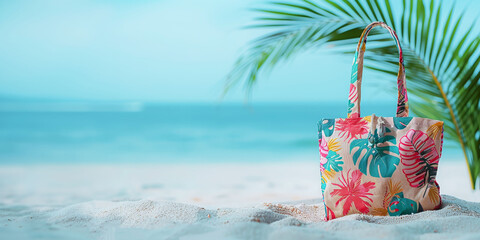 Beach Scene with a Tropical Printed Bag on White Sand under a Palm Tree, Vacation Vibes banner Copy spacy