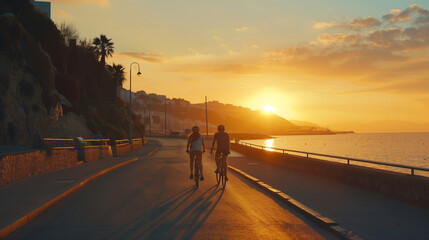 Cyclists Enjoying a Sunset Ride on Coastal Path