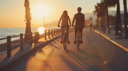 Couple Biking Together at Sunset on Coastal Path