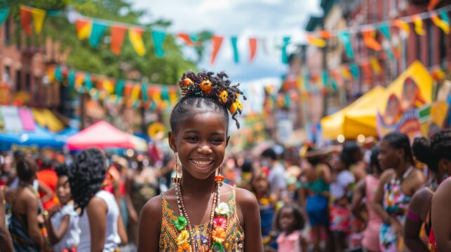 Young Girl Smiling Brightly at Cultural Festival During Juneteenth Celebrations