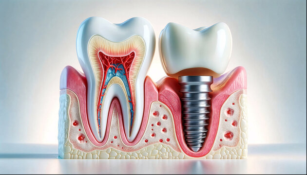 AI generated illustration of a comparison between a natural tooth and a dental implant