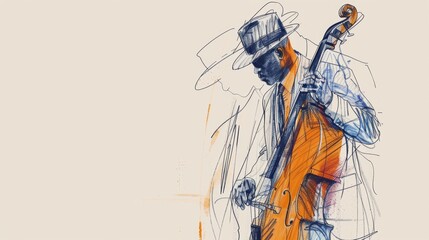 Harmonic Hues: Double Bass Player in a Symphony of Blue, Artistic Line Sketch - obrazy, fototapety, plakaty
