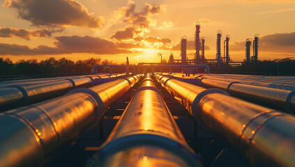 Oil and Gas Industry Infrastructure at Sunset - obrazy, fototapety, plakaty