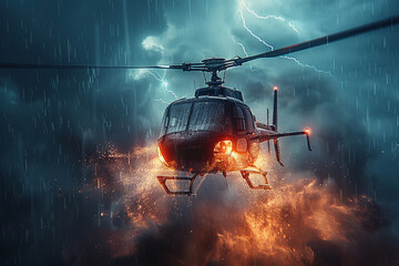 A rotorcraft is navigating through a storm with lightning - obrazy, fototapety, plakaty