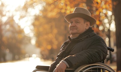 An elderly man is sitting in a wheelchair in the rays of the autumn sun.