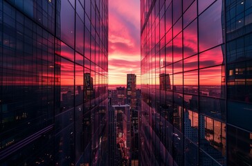 sunrise reflecting into glass walls of an office building in the middle of a city