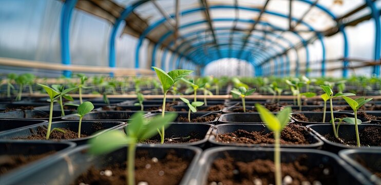 New shoots of vegetable seedlings grow in a large long greenhouse.