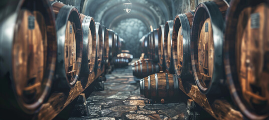 Vintage Wine Cellar With Rows of Wooden Barrels and Stone Floor