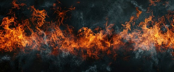 Fire burning flames on a black background, a fire texture for design. An isolated fire flame texture on a black background