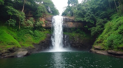 A majestic waterfall cascades with a thunderous roar into a serene pool below - obrazy, fototapety, plakaty