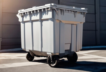 a white and black trash can on wheels near building in the sun - obrazy, fototapety, plakaty