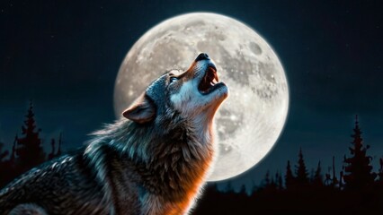 AI generated illustration of a wolf barking at the moon - obrazy, fototapety, plakaty
