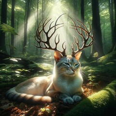 Mystical Forest Cat with Ethereal Antlers - AI Generated Digital Art