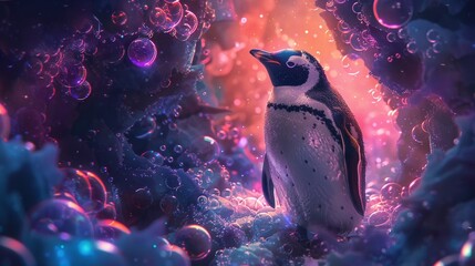 A penguin in an otherworldly setting, embodying a sense of enigma and mystique through AI art generation, Through the Glass - obrazy, fototapety, plakaty